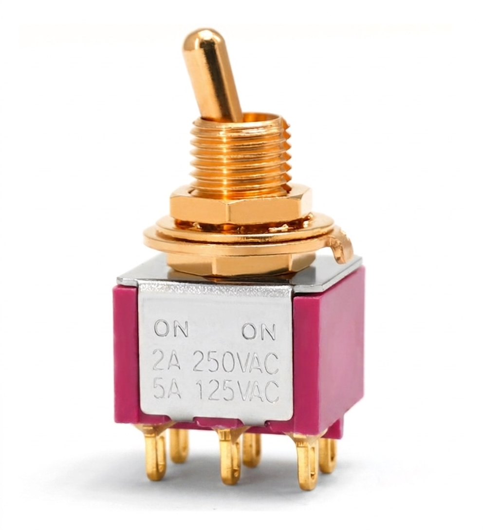 Taiway DPDT On On Switch - Solder Lug - Short Shaft - Gold Plated